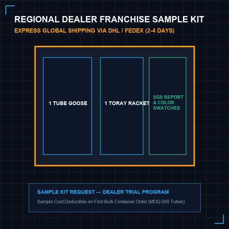 Regional Dealer Franchise Sample Kit Box Containing Goose Shuttlecock Tube, Toray 40T Racket, Carbon Swatches & SGS Audit Report